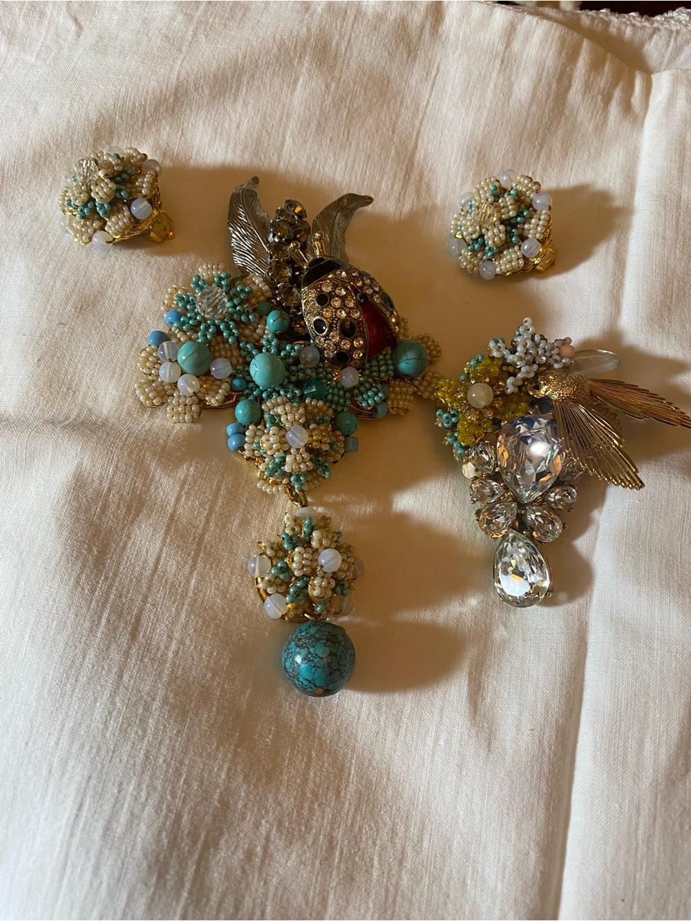 Stanley Hagler Beaded Turquoise and Ivory Statement Brooch Clip on Earring Set